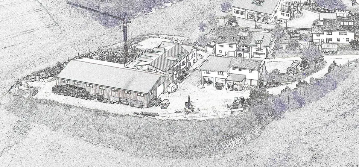 Gezeichnete Luftansicht des Firmengeländes von Aumer Bau in Weihern